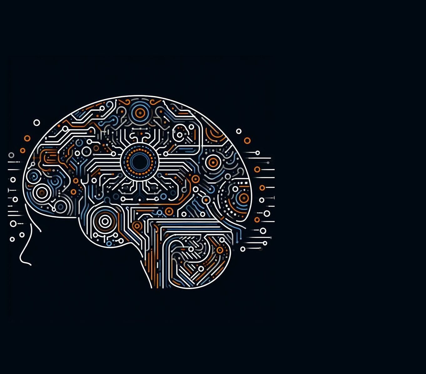 Line drawing of a brain filled with AI-generated objects. Created by DallE.