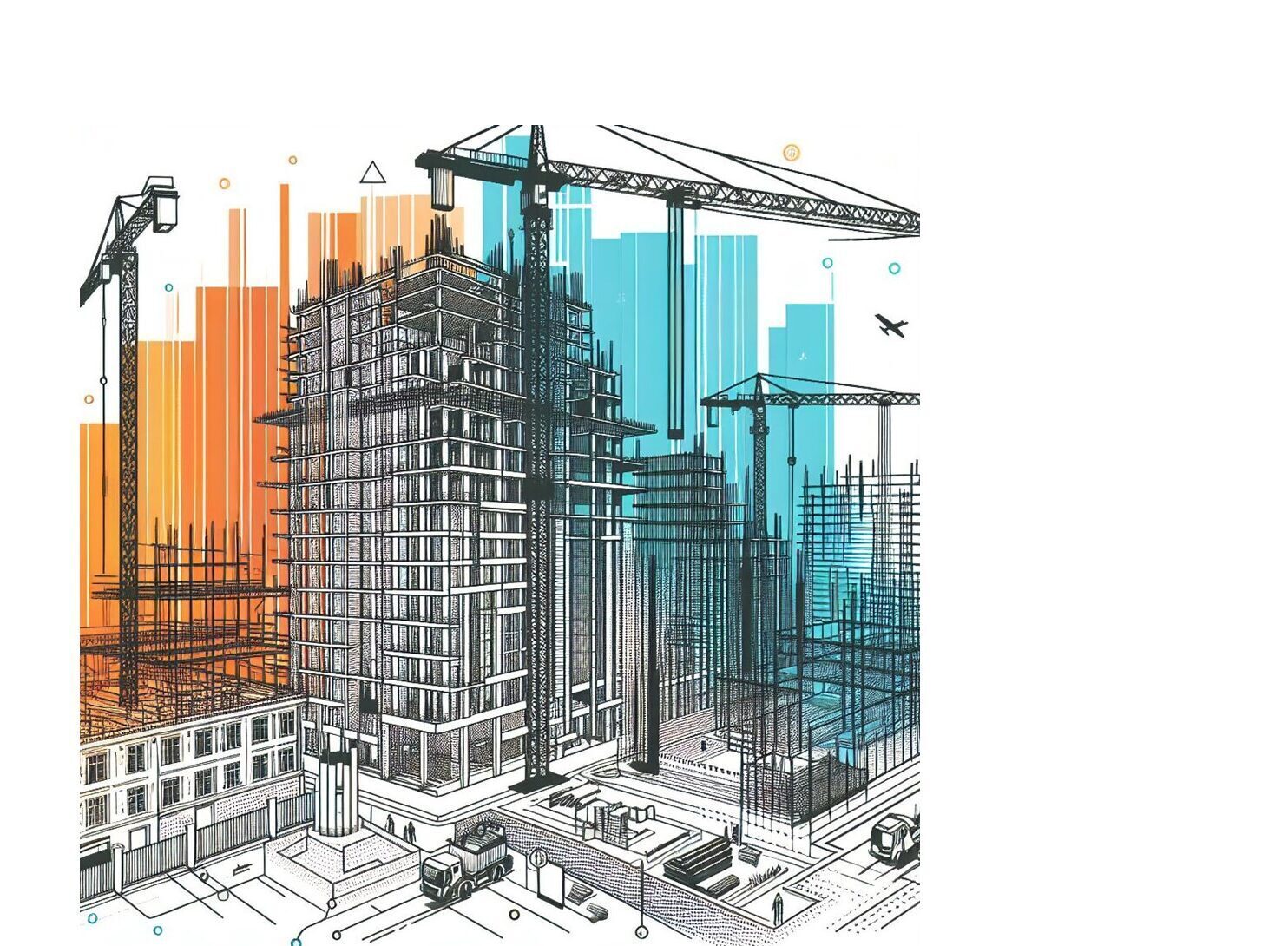 Line drawing of a building under construction, with cranes nearby. Created with DallE.