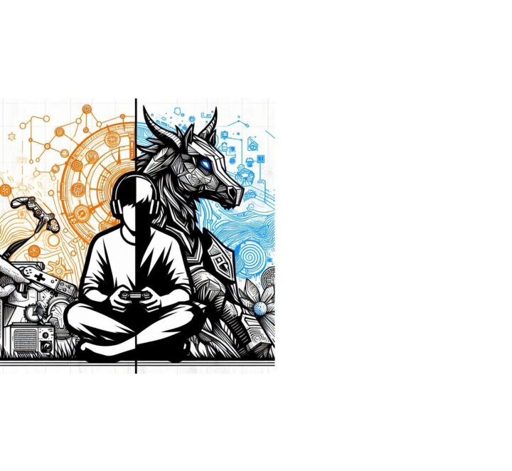 Line drawing of a gamer on the grass, with a mythical creature in the background. Created by DallE.