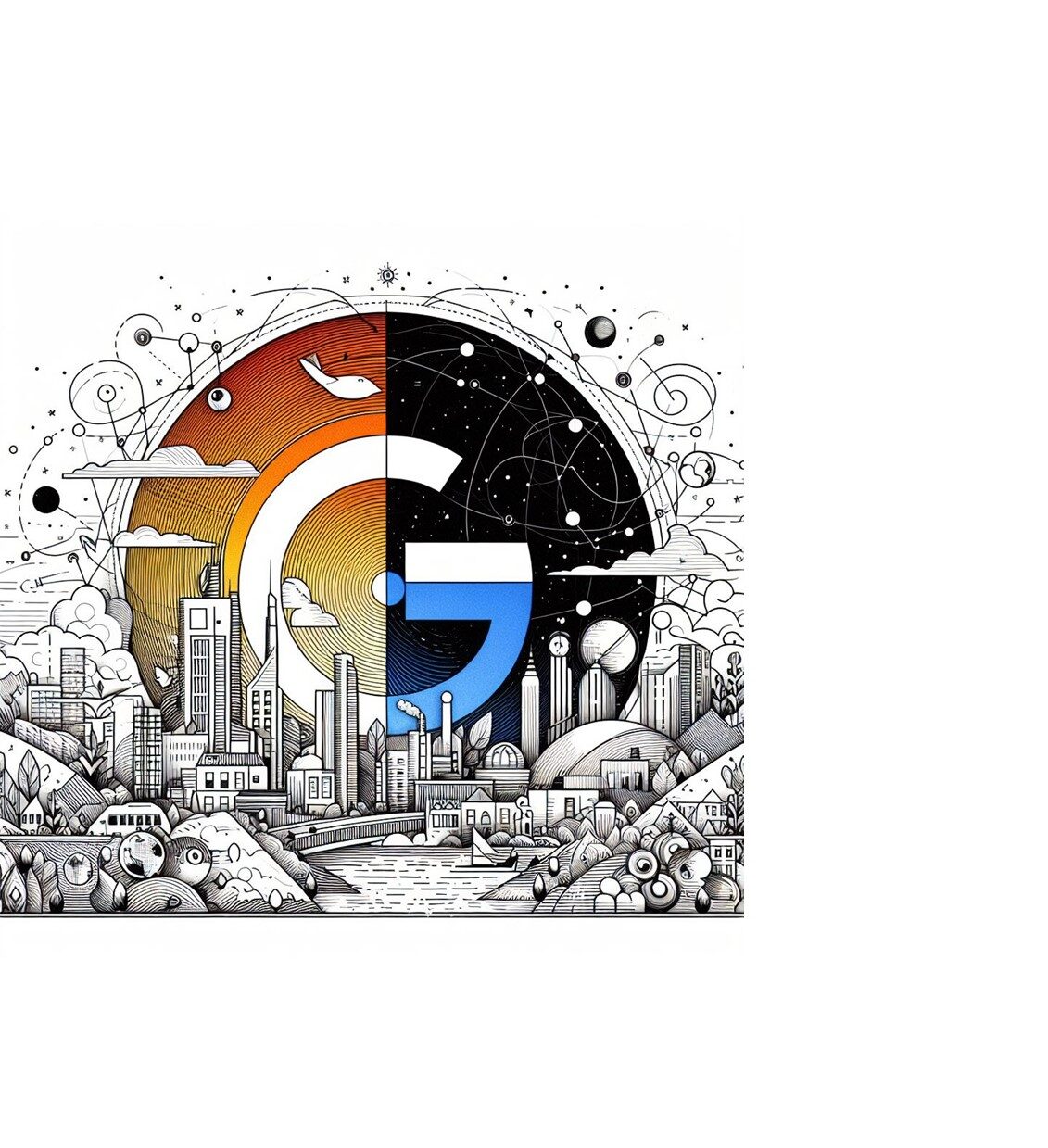 Line drawing of buildings in a city, with a large G in the background. Created with DallE.