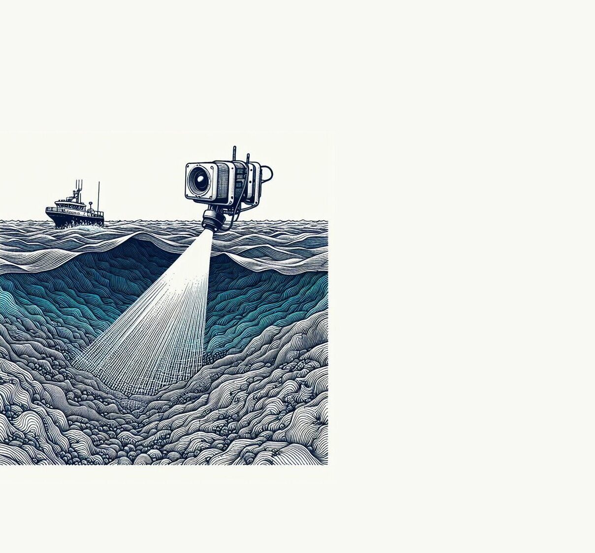Line drawing depicting hydrography, showing LiDAR scanning the seabed. Created by DallE.