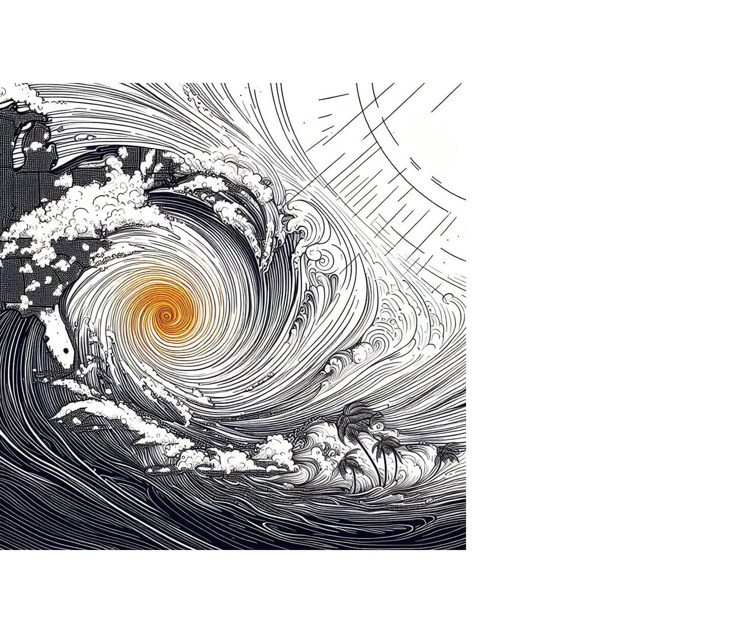 Line drawing of a hurricane and a large wave. Created with DallE.