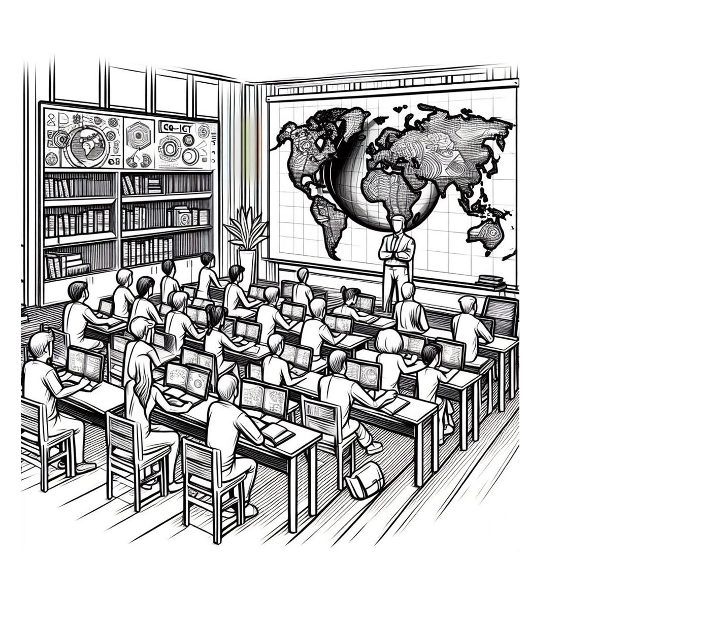 Line drawing of people in a classroom learning about Geo-ICT. Created by DallE.