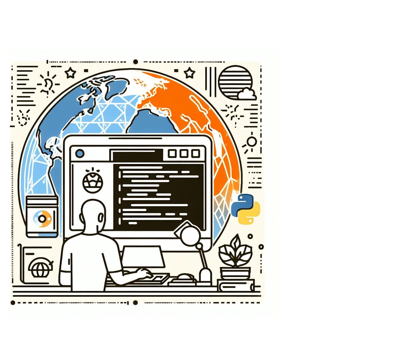 Line drawing of a software developer sitting at his computer, with the Earth in the background. Created by DallE.