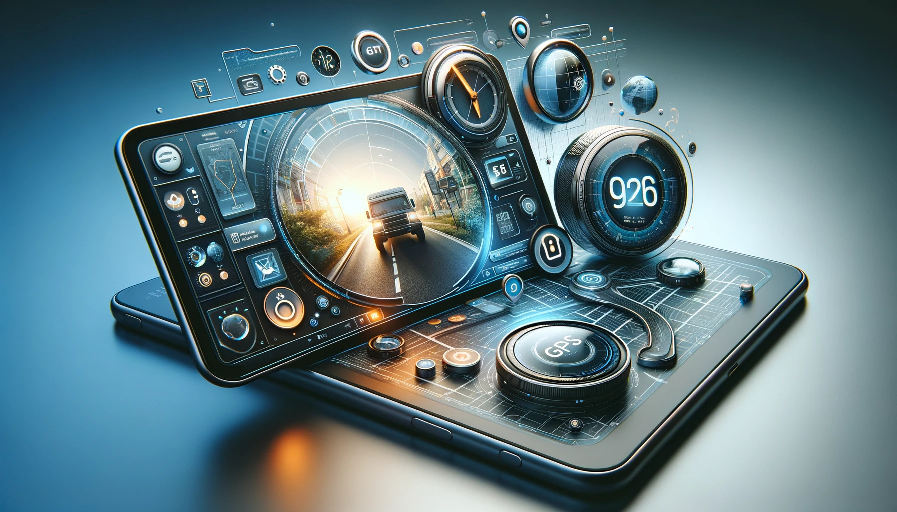 Banner image for a blog about GPS technology featuring modern and advanced elements. The user-friendly interface shows a truck on the road, a digital speedometer, and detailed route maps. Innovative solutions for navigation and vehicle tracking.