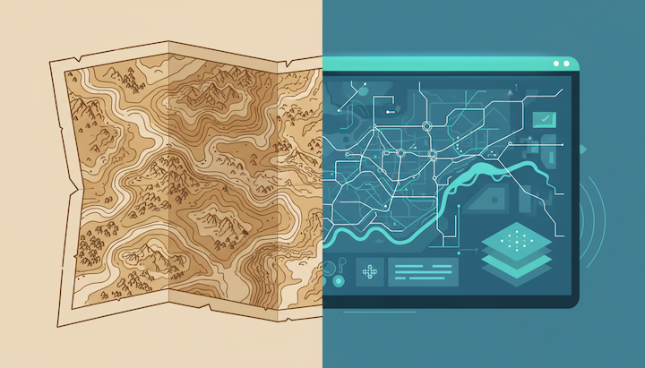 Illustration of the evolution of GIS: from traditional paper maps to digital map visualization