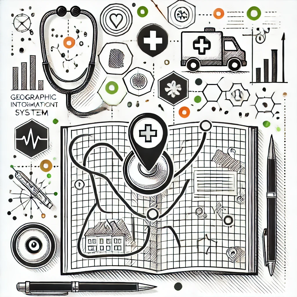 Line drawing depicting GIS and healthcare.