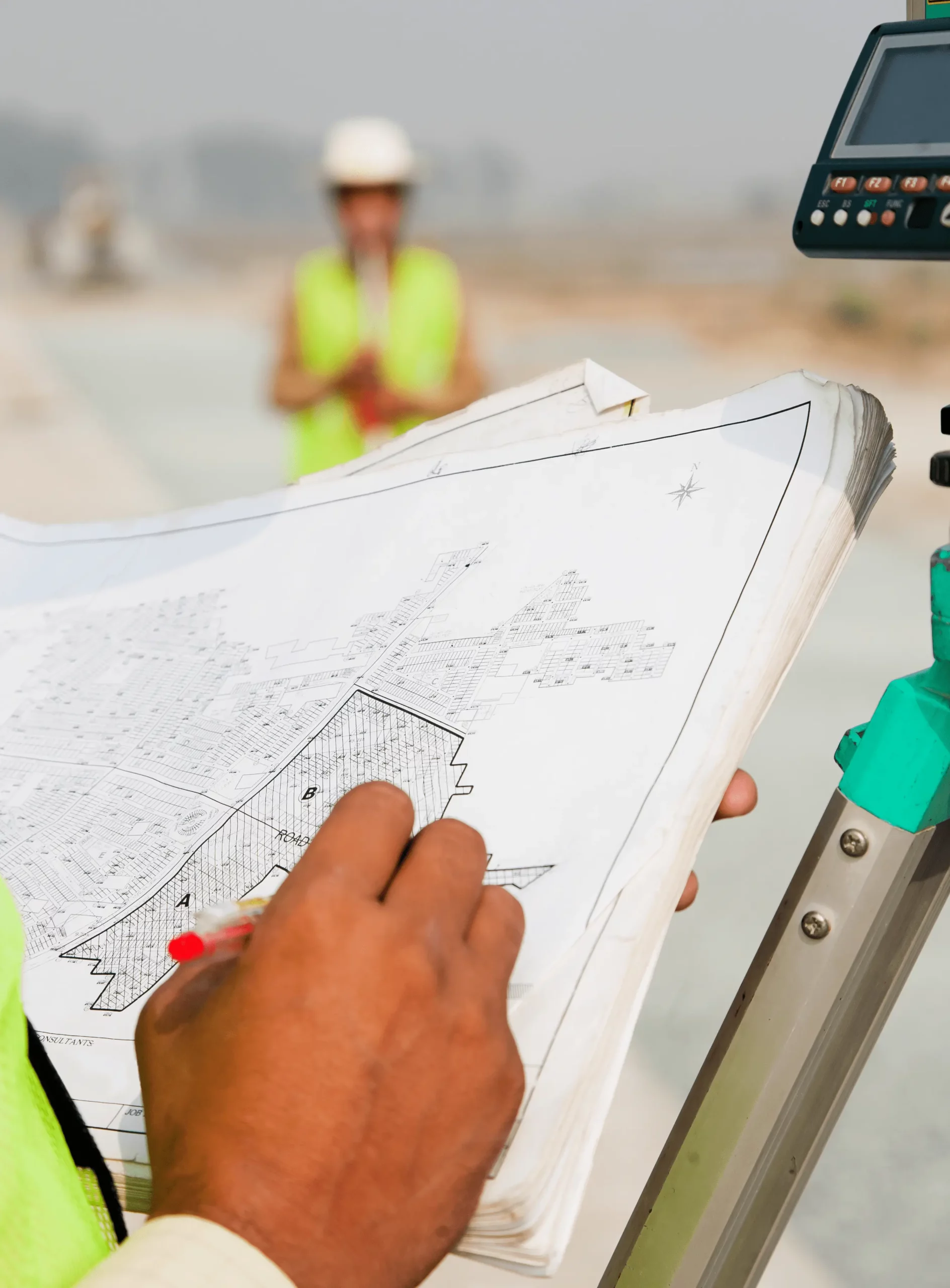 A surveyor is holding a detailed map and making notes with a red pen at a construction site. In the background, a colleague wearing a safety vest and helmet is standing with surveying equipment, while a digital measuring device on a tripod is visible.