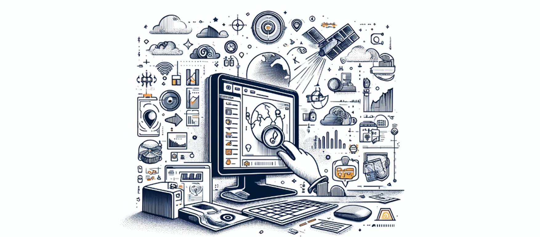 A line drawing of a computer created in QGIS, surrounded by icons representing plugins.