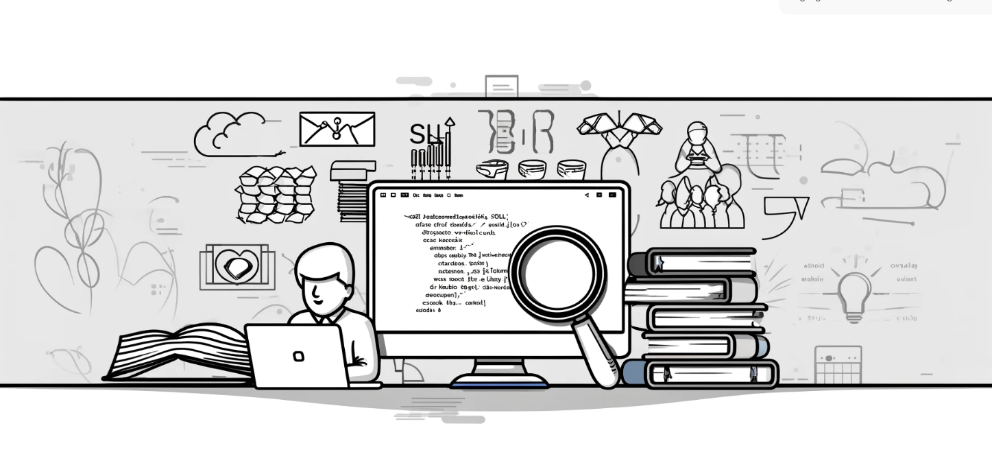 Line drawing of a computer and a person studying SQL