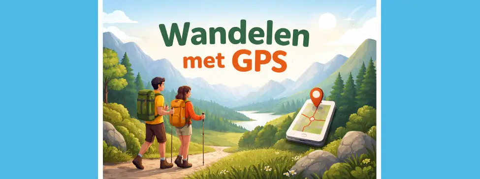 Two hikers with backpacks and walking sticks are standing on a mountain trail, looking out over a green valley with mountains and a river, while a smartphone displaying a GPS map and a location pin is visible on the right, beneath the title “Hiking with GPS”.
