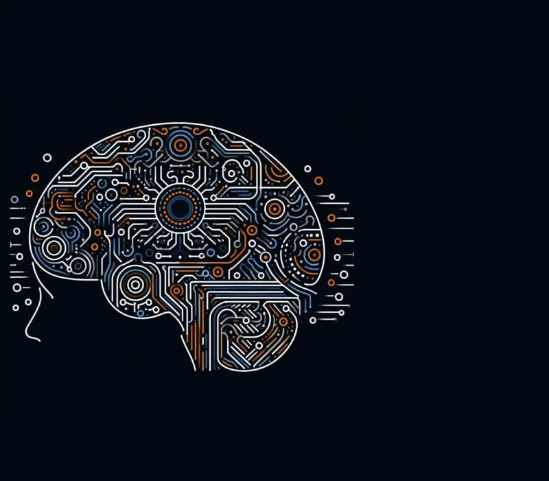 Line drawing of a brain filled with AI-generated objects. Created by DallE.