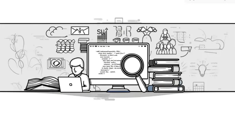 Line drawing of a computer and a person studying SQL