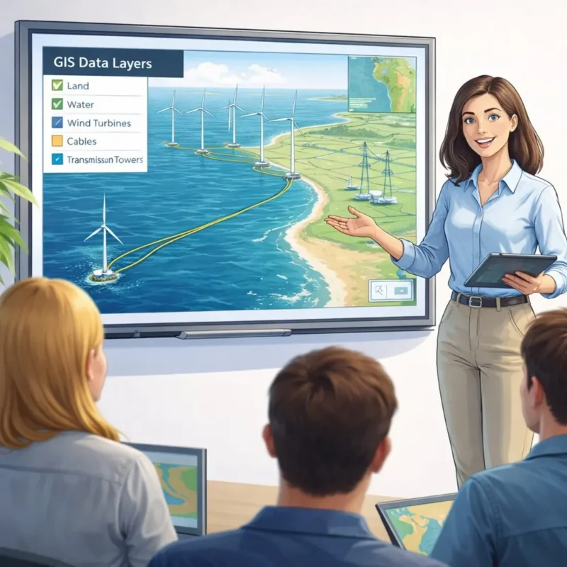 Woman presenting GIS data on wind energy and transmission at a whiteboard to an audience in a classroom setting.
