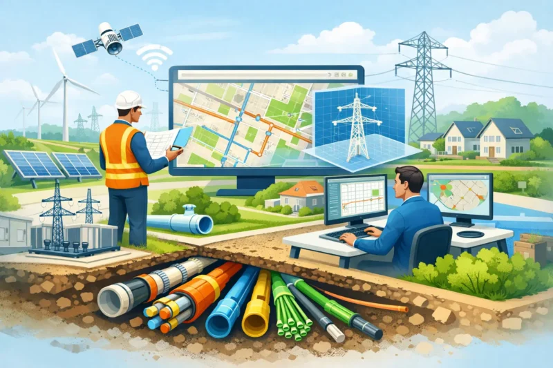 Engineer and technician managing smart grid infrastructure with maps and underground cables in a modern energy network.