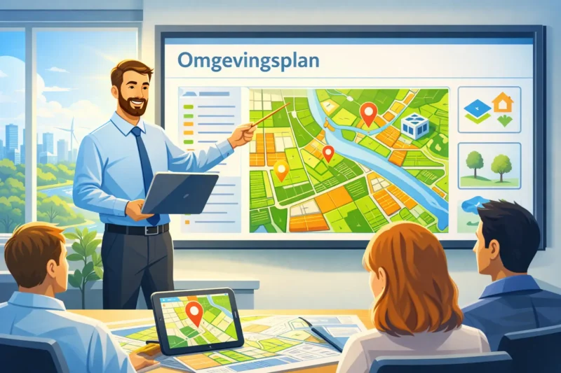 Man presenting urban planning map in a meeting room, titled Omgevingsplan, to attentive colleagues.