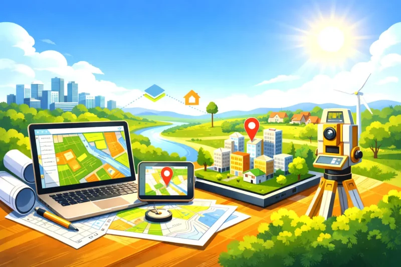 Digital mapping and surveying tools for urban planning, featuring a 3D city model, laptop, tablet, and survey equipment.