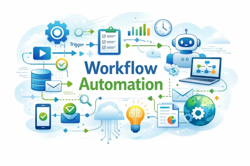 Illustration of workflow automation with icons: robot, cloud, globe, charts, and tech symbols connected by arrows.