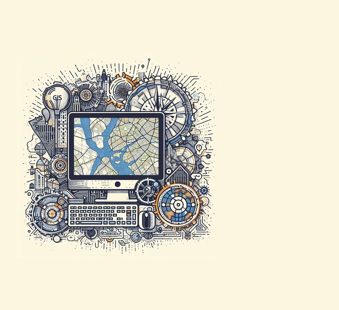 Strichzeichnung mit einem Computerbildschirm in der Mitte, auf dem eine Landkarte zu sehen ist. Um diesen herum sind geografische Objekte dargestellt. Erstellt von DallE.