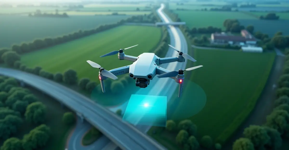 Drohnentechnologie in Aktion: Eine Drohne fliegt über die Landschaft, um mittels Fernerkundung die Erdoberfläche zu scannen und Geodaten zu erfassen