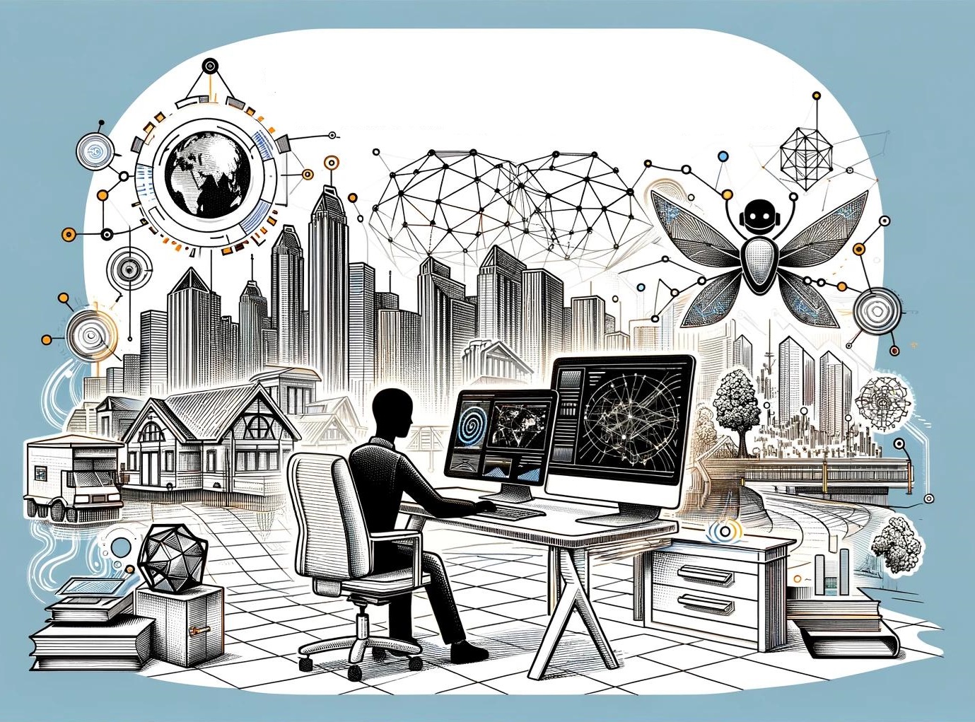 Futuristische Stadt mit modernen Wolkenkratzern und traditionellen Häusern, eine zentrale Figur hinter Computerbildschirmen mit Daten und Netzwerken, umgeben von technologischen Symbolen und roboterartigen Elementen, Illustration von Technologie und Stadtplanung.