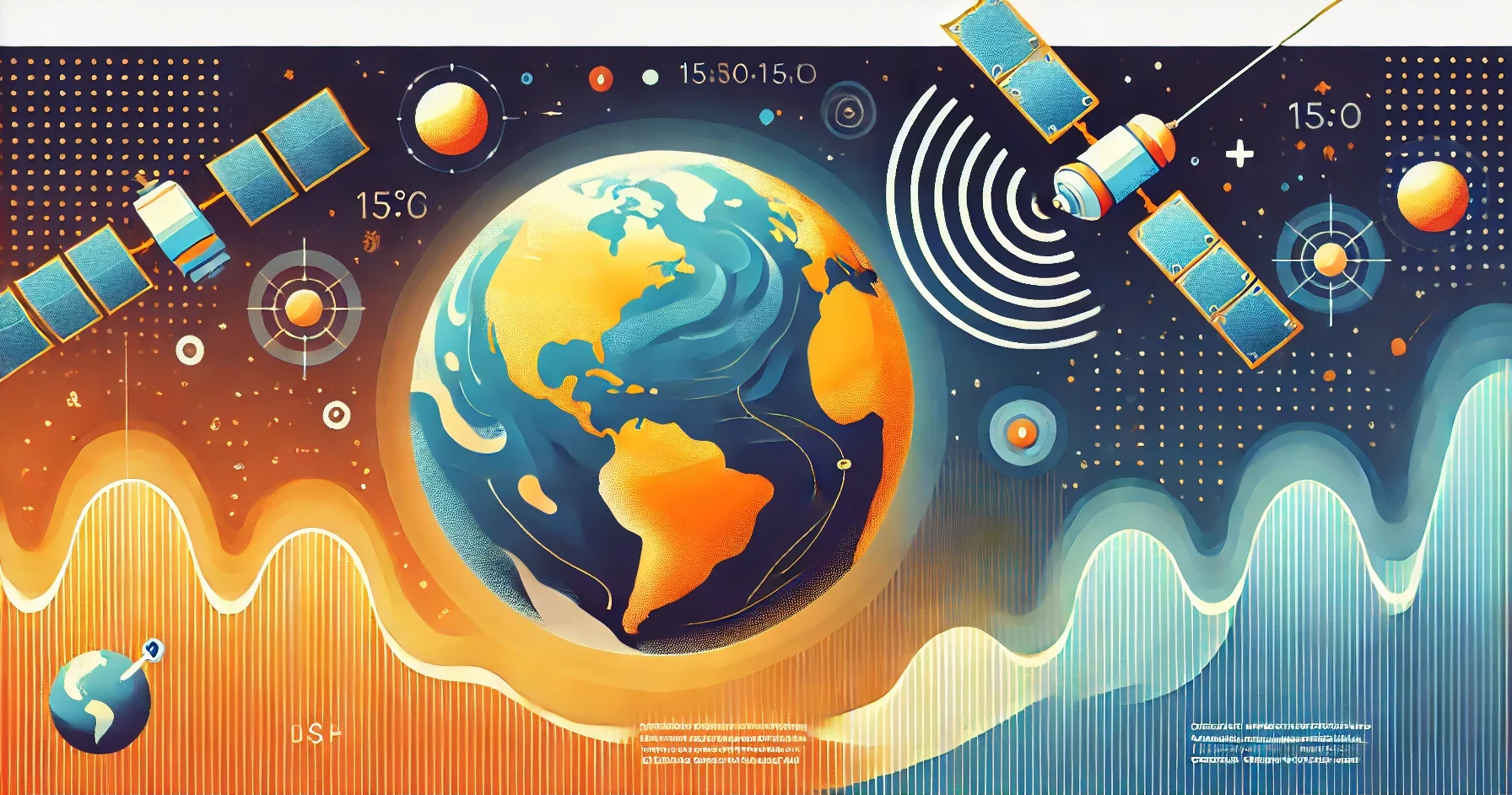 Farbenfrohes Bild, das Fernerkundungsdaten zeigt. Zu sehen sind die Erde sowie zwei Satelliten.