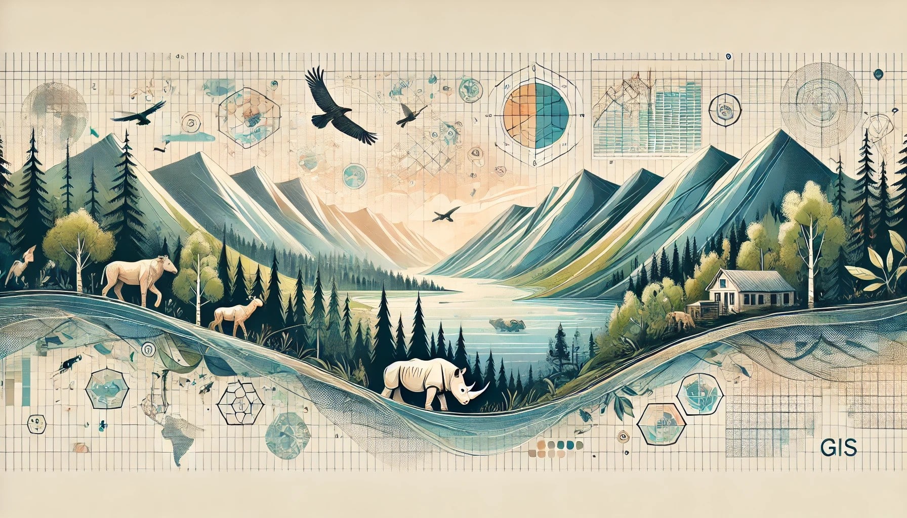 Ein ruhiges Banner, in dem Natur und Technologie miteinander verschmelzen. Die Landschaft zeigt weitläufige Berge, dichte Wälder, einen ruhigen Fluss und Tiere wie Nashörner und Vögel. Über das Bild legen sich subtile abstrakte Elemente wie digitale Raster und Datenvisualisierungen, die den Gedanken der GIS-Technologie unterstreichen. Die Farben sind natürlich und beruhigend, und das Bild enthält weder Text noch Beschriftungen.