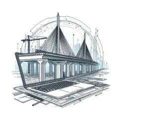 Lijntekening van een civiel bouwwerk (een brug) die omhoog komt uit een laptop. Gemaakt door DallE.