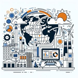 Lijntekening met daarop de aarde, in combinatie met marketing elementen. Gemaakt door DallE.