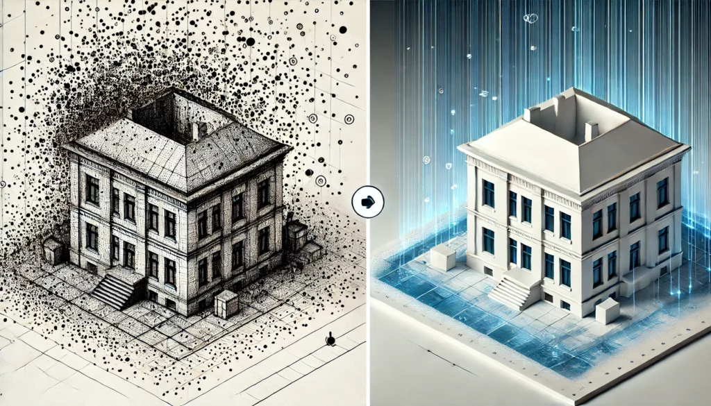 Afbeelding gegeneerd door Dall-E die de conversie van een puntenwolk naar een 3D-model illustreert.