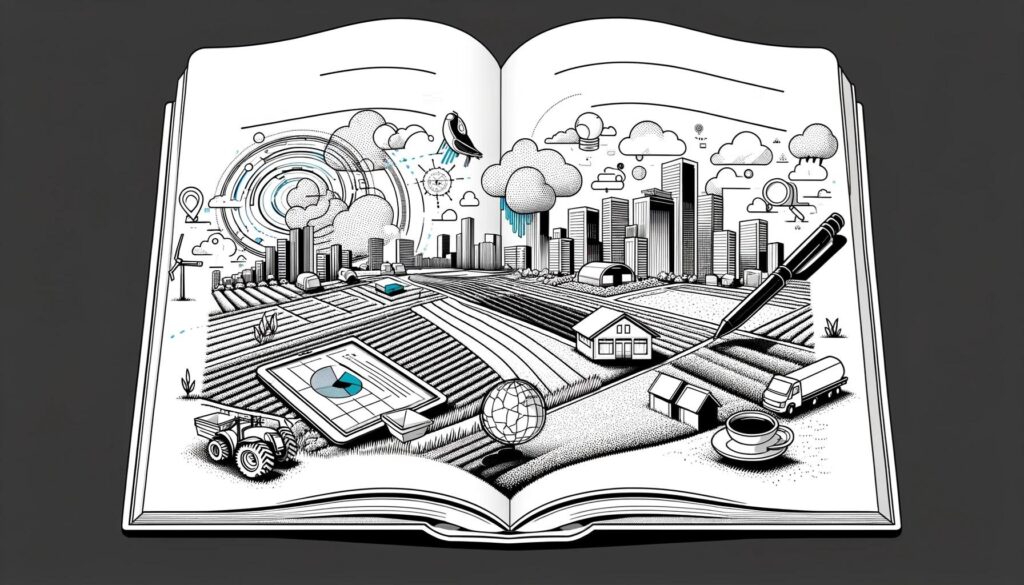 Futuristisch landschap in een open boek Illustratie van een open boek met op de pagina's een futuristisch landschap dat landbouw, stadsontwikkeling en technologie combineert. Het toont velden, een tractor, moderne gebouwen, wolken, een pen, en diverse technologische symbolen.