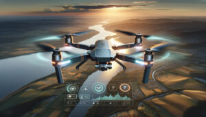 De afbeelding toont een moderne drone die over een schilderachtig landschap bij zonsondergang vliegt. De drone heeft een strak en geavanceerd ontwerp, met meerdere rotors en hightech componenten. Het landschap hieronder omvat een rivier die door velden en heuvels slingert, met de ondergaande zon die een warme gloed over het tafereel werpt. Er is ook een futuristisch heads-up display (HUD) overlay zichtbaar, waarop verschillende bedieningselementen en meetwaarden met betrekking tot de werking van de drone worden weergegeven.