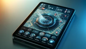 Modern GPS-interface op een strak apparaat met gebruiksvriendelijke pictogrammen en hulpmiddelen. High-tech navigatiesysteem met gedetailleerde kaartweergave en innovatieve functies voor routeplanning. Ideaal voor precisie-navigatie en slimme stadsverkenning.