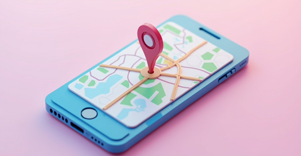 Een blauwe smartphone met een 3D-kaartweergave op het scherm, inclusief wegen, groene gebieden en een rode locatiepin, tegen een roze achtergrond. Geodata en navigatieconcept.