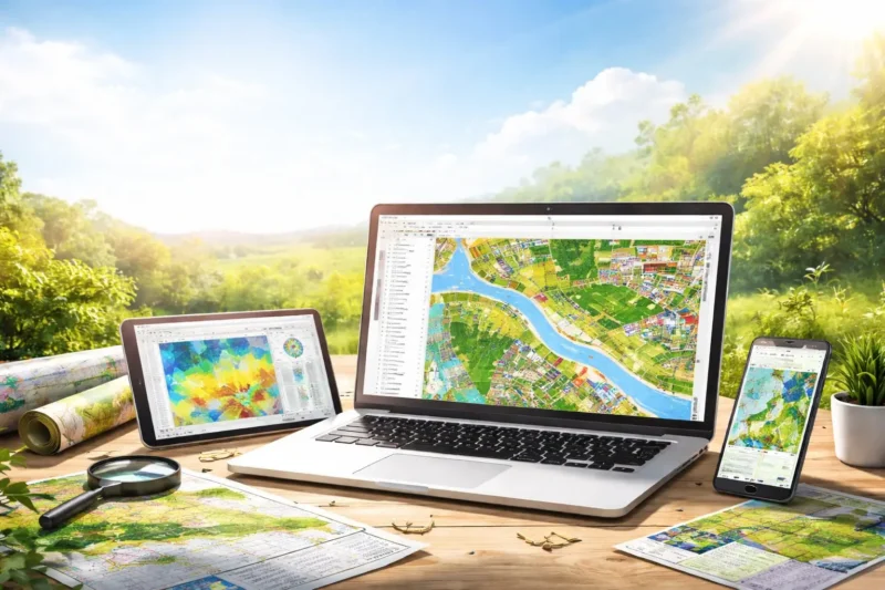 Outdoor workspace with laptop, tablet and smartphone displaying colorful GIS maps, printed maps and magnifying glass.
