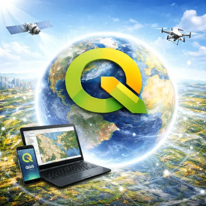 QGIS logo over Earth with laptop and smartphone showing maps, plus satellite and drone—GIS mapping concept