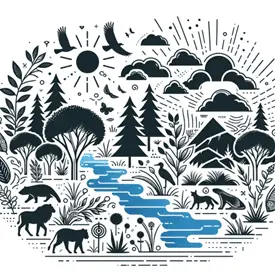 Illustratie van een natuurgebied met bomen, bergen, wilde dieren en een stromende rivier, omgeven door vogels en wolken onder de zon. Het beeld benadrukt biodiversiteit en ecologische samenhang in een natuurlijk landschap.