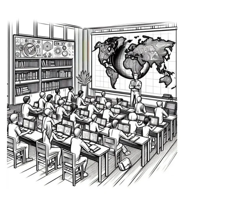 Lijntekening van mensen in een klaslokaal die over Geo-ICT leren. Gemaakt door DallE.