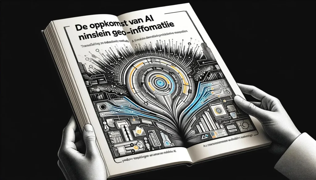 De opkomst van AI in geoinformatie Handen houden een open boek vast met op de pagina's een futuristische illustratie van AI en geoinformatie, met de tekst 'De opkomst van AI in geoinformatie'. De afbeelding toont complexe netwerken en technische elementen.
