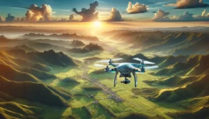 Een drone vliegt boven een uitgestrekt, groen landschap met velden en heuvels, verlicht door de ondergaande zon. In de verte zijn bergachtige pieken en een dramatische lucht met wolken zichtbaar. De drone is uitgerust met een camera en zweeft over een schilderachtige vallei.