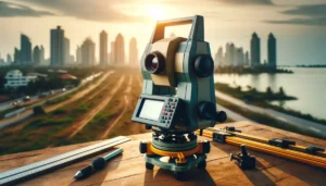 Een total station gebruikt voor landmeten, geplaatst op een houten tafel met meetgereedschappen zoals een liniaal en een meetpen. Op de achtergrond is een stedelijk landschap zichtbaar met hoge gebouwen en wegen, verlicht door de ondergaande zon.
