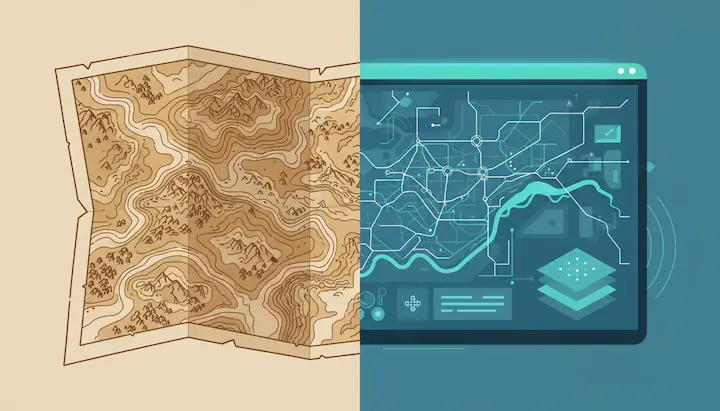 Illustratie van de evolutie van GIS: van traditionele papieren kaarten naar digitale kaartvisualisatie