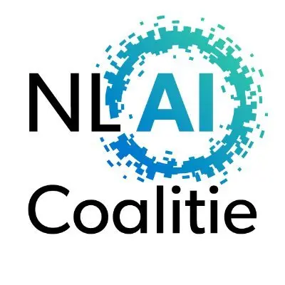 Logo van NL AI Coalitie met blauwe-groene pixelcirkel en tekst NL AI Coalitie