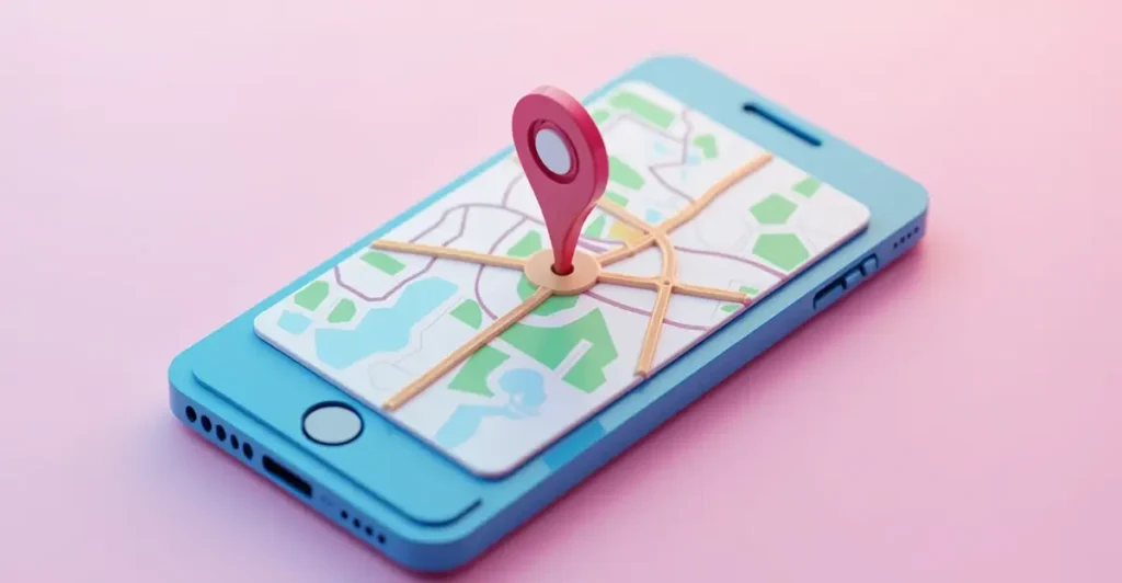 Een blauwe smartphone met een 3D-kaartweergave op het scherm, inclusief wegen, groene gebieden en een rode locatiepin, tegen een roze achtergrond. Geodata en navigatieconcept.