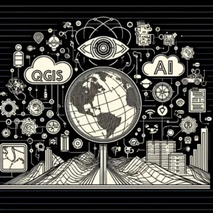 Illustratie van een wereldbol omringd door technologische en wetenschappelijke symbolen, met de woorden QGIS en AI in wolken. De afbeelding toont een oog, netwerken, grafieken en diverse technologiegerelateerde iconen die de connectie tussen geografie en kunstmatige intelligentie weergeven.