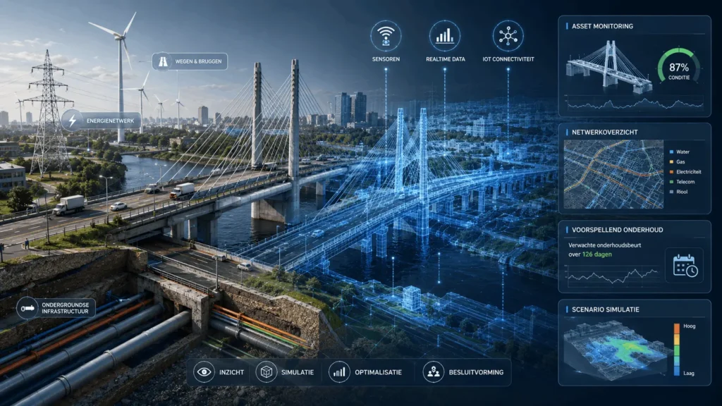 Visualisatie van een Digital Twin van infrastructuur waarbij een fysieke brug, leidingen en energienetwerken zijn gekoppeld aan realtime data en een digitaal 3D-model.
