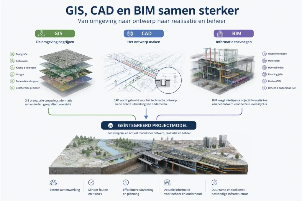 Visualisatie van de samenwerking tussen GIS, CAD en BIM binnen infrastructuurprojecten, van omgevingsanalyse en ontwerp tot assetbeheer en onderhoud.